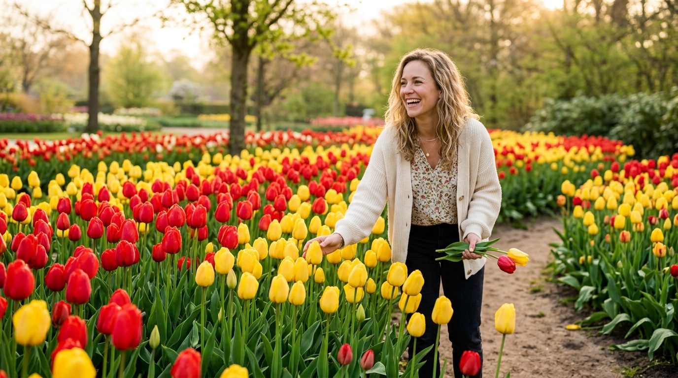 Massif de tulipes en pleine floraison au printemps
