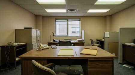 Bureau gouvernemental vide avec enveloppe scellée, années 1980