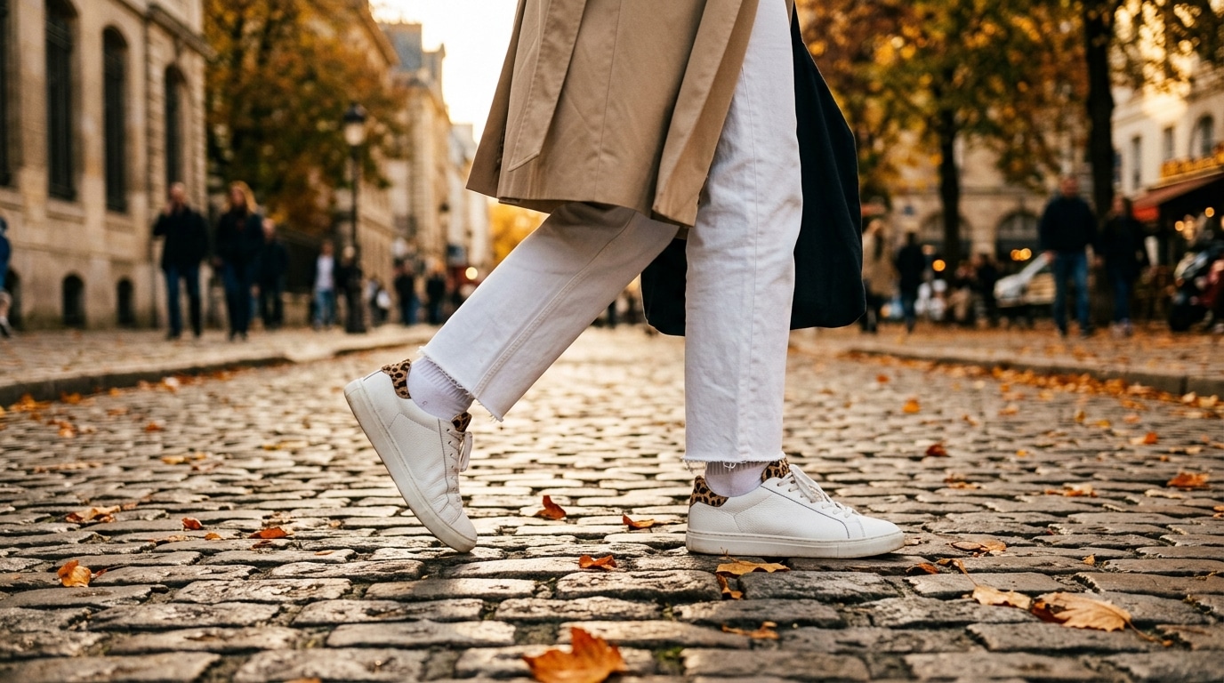 Personne portant des baskets tendance en rue automnale