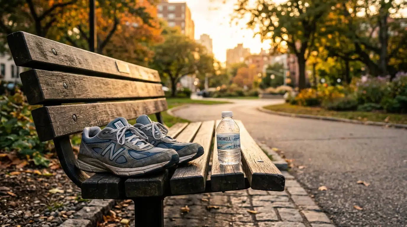 Chaussures de marche posées sur un banc au soleil