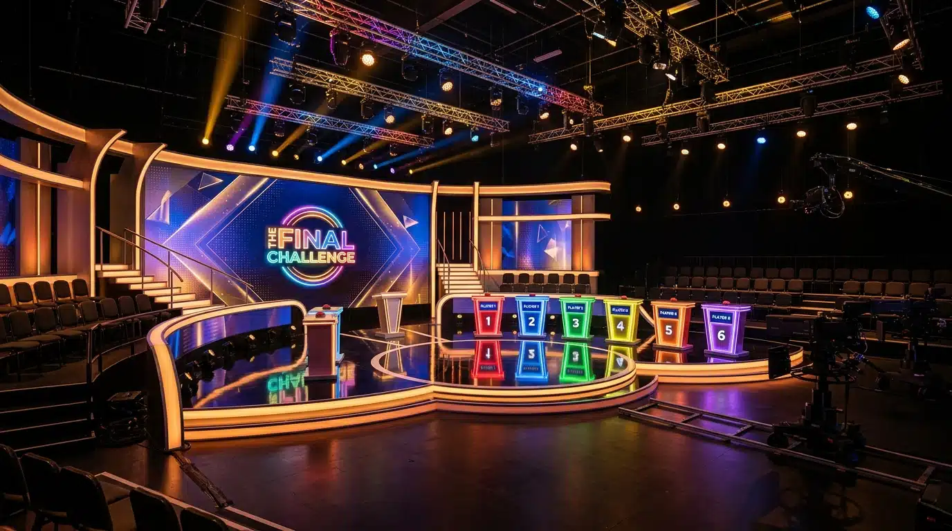 Studio de jeu télévisé vide avec lumières chaudes