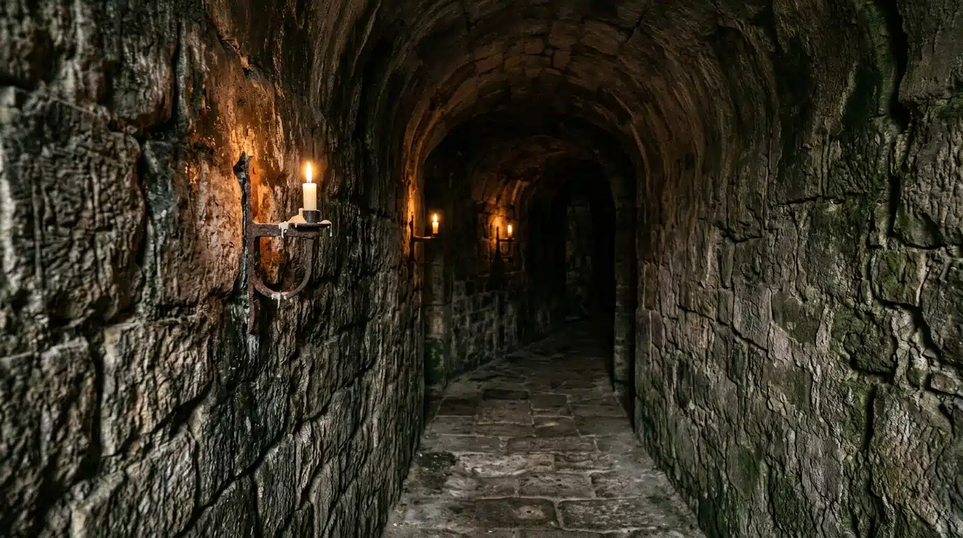 Crypte souterraine ancienne du couvent éclairée à la bougie