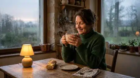 Femme buvant un grand café chaud dans le Nord