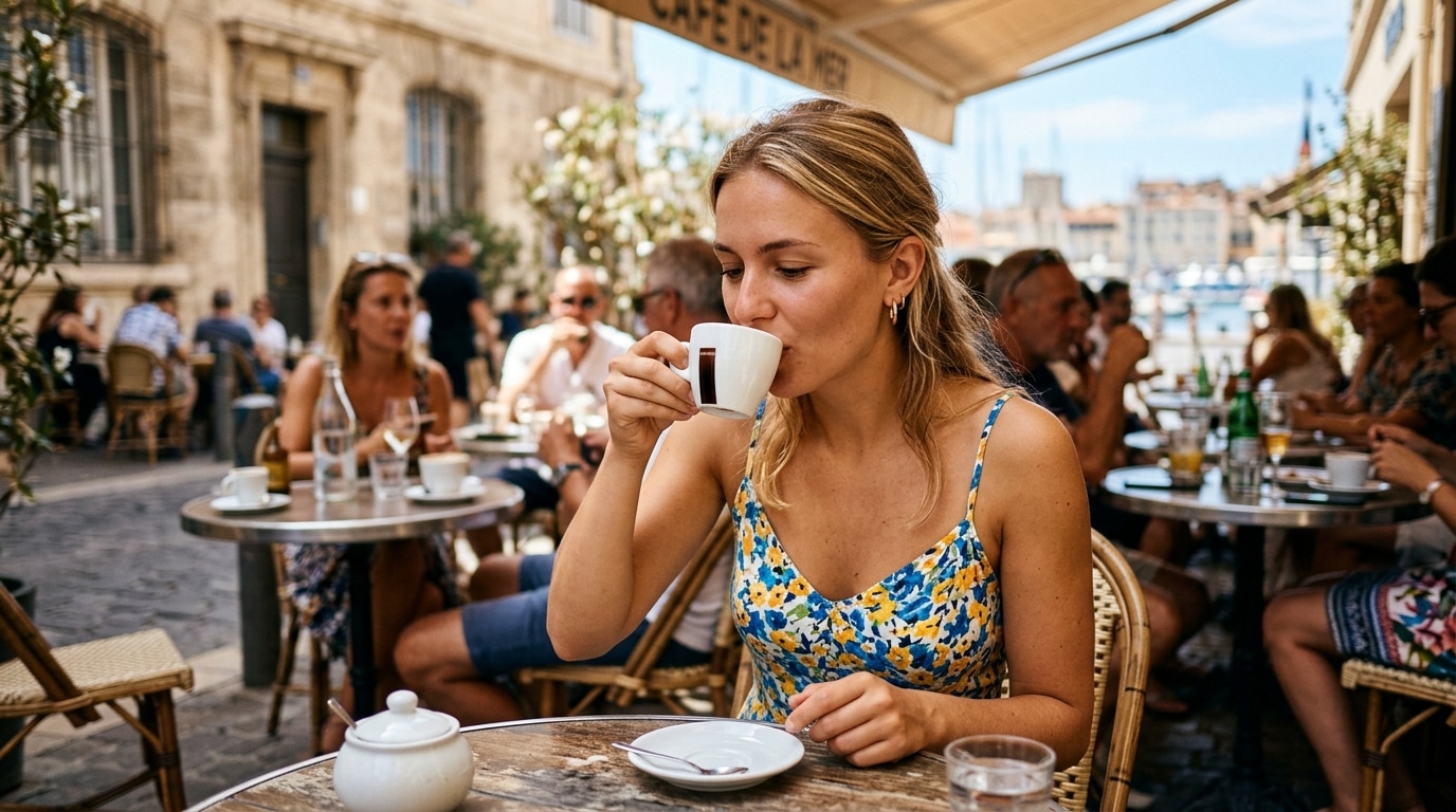 Femme buvant un expresso serré en terrasse à Marseille