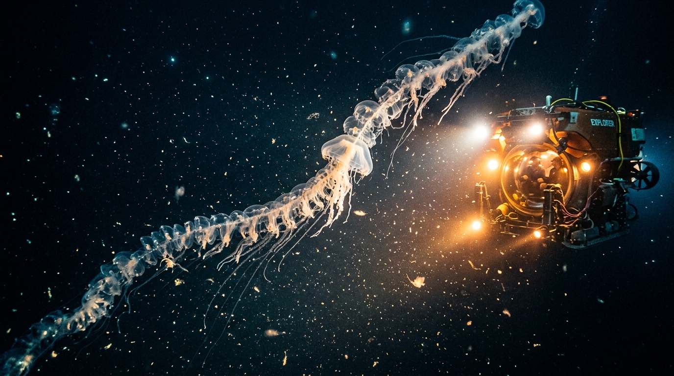 Sous-marin explorant un siphonophore géant dans l'océan profond