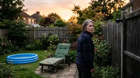 Femme inquiète regardant une caméra de surveillance chez le voisin