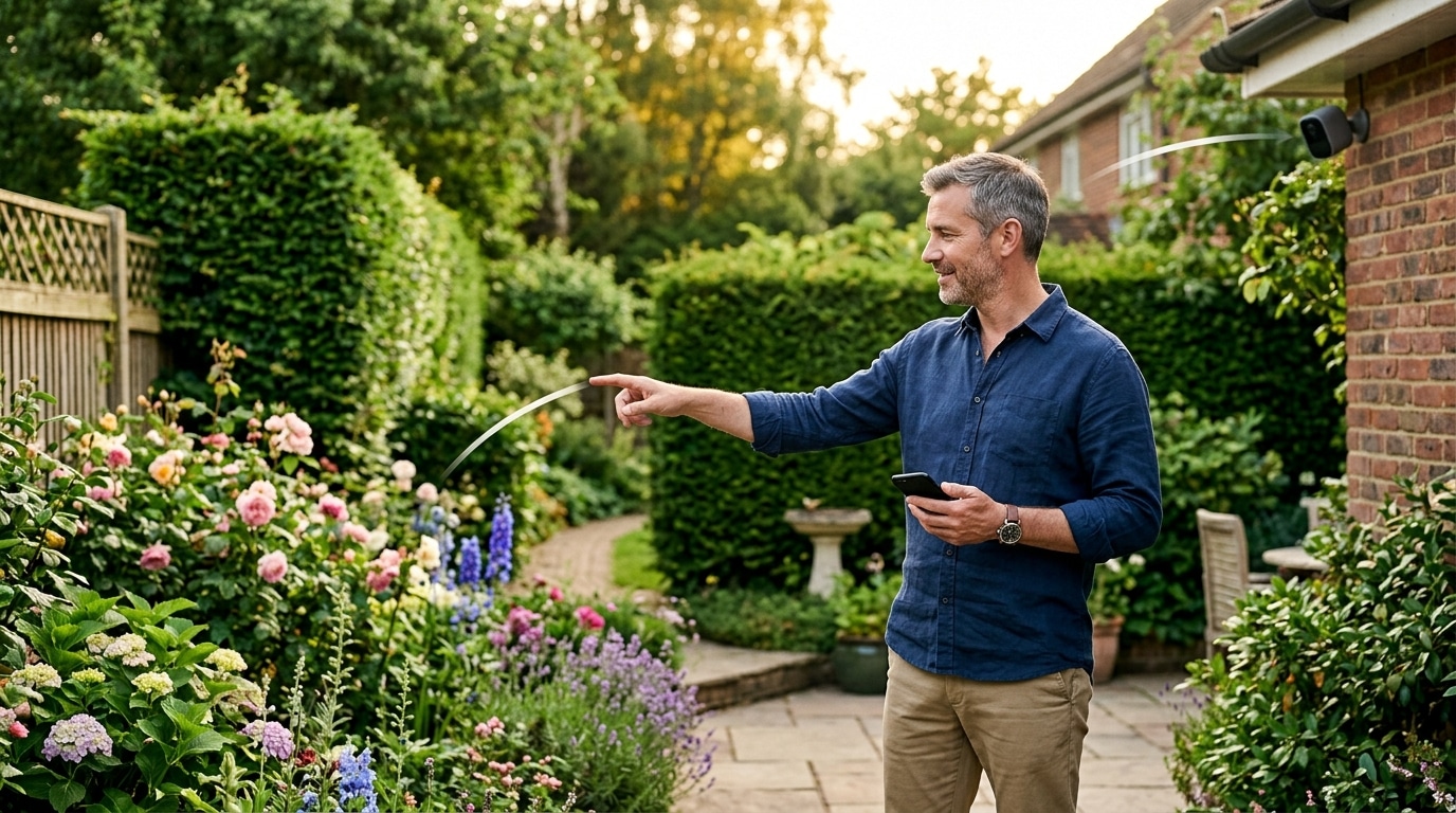Homme vérifiant l'angle de vue d'une caméra dans son jardin