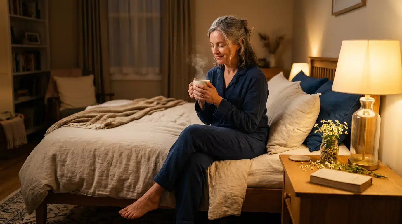 Femme buvant une tisane apaisante avant de dormir