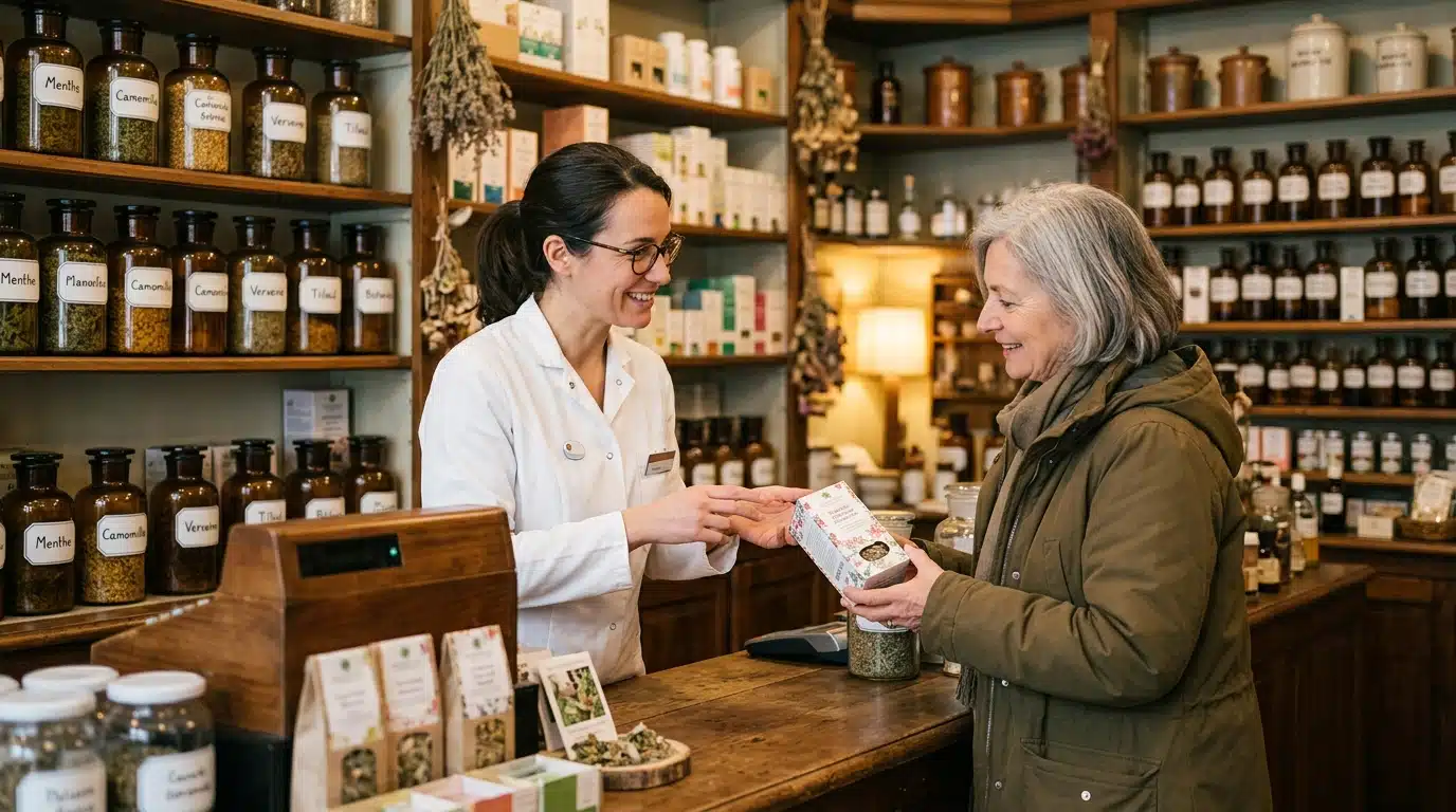 Pharmacien conseillant une cliente sur les tisanes