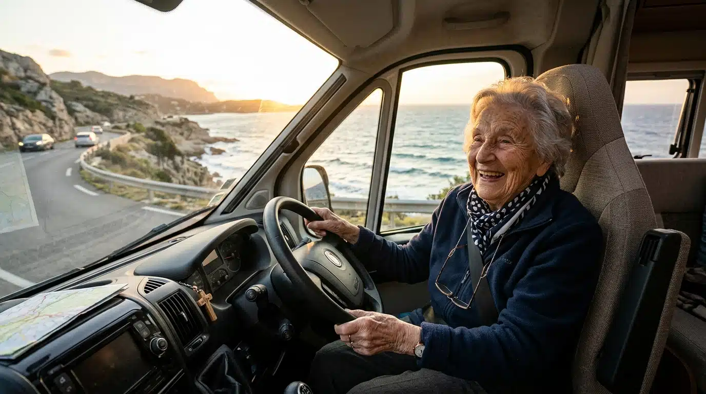 Centenaire française souriante au volant de son camping-car