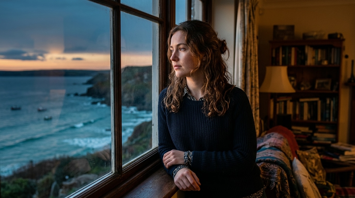 Femme pensive devant une fenêtre au crépuscule