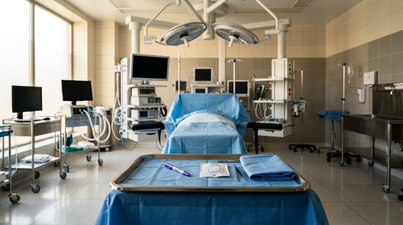Bloc opératoire vide avec feutre chirurgical sur un plateau