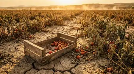 Champ de tomates desséché par la canicule estivale