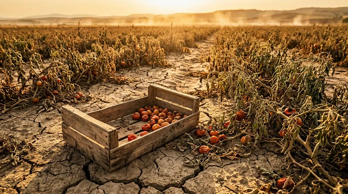 Champ de tomates desséché par la canicule estivale