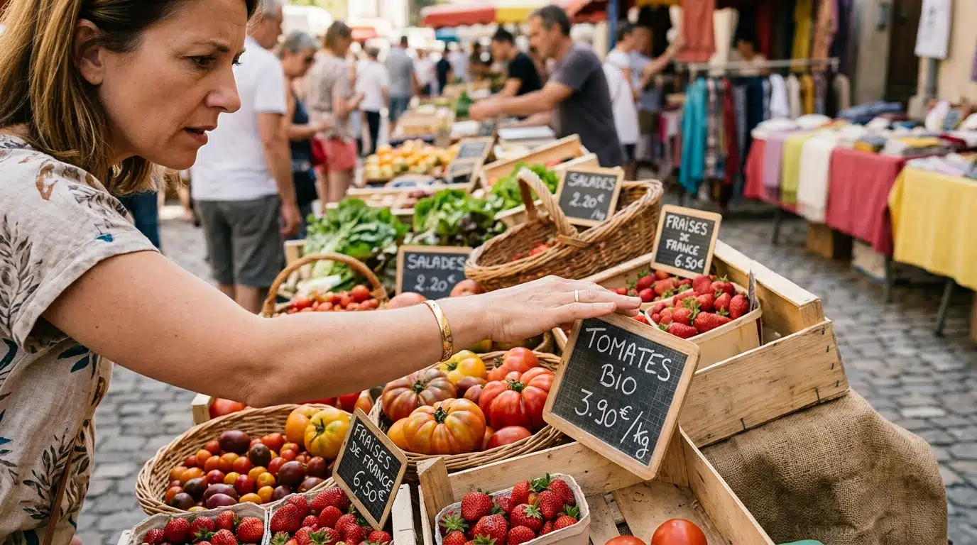 Client hésitant devant un étal de fruits et légumes