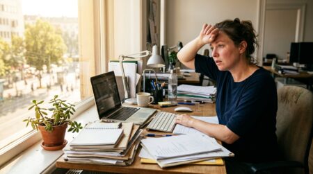 Femme épuisée par la chaleur au bureau pendant la rentrée