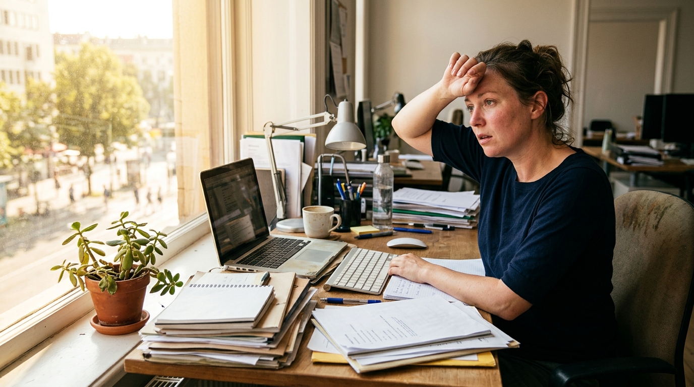 Femme épuisée par la chaleur au bureau pendant la rentrée