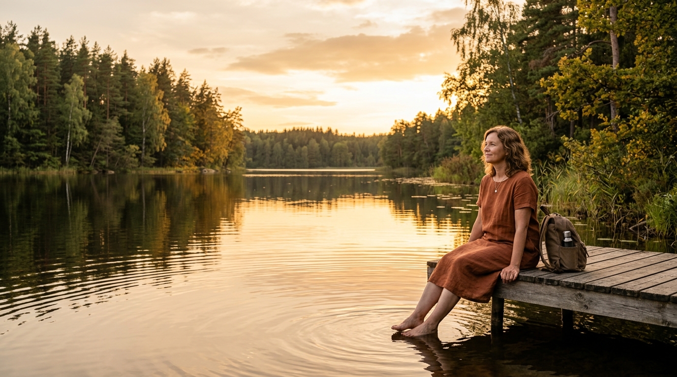Personne se rafraîchissant les pieds dans un lac au coucher du soleil