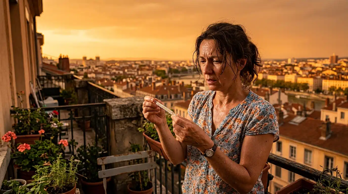 Femme surveillant la chaleur sur son balcon en France