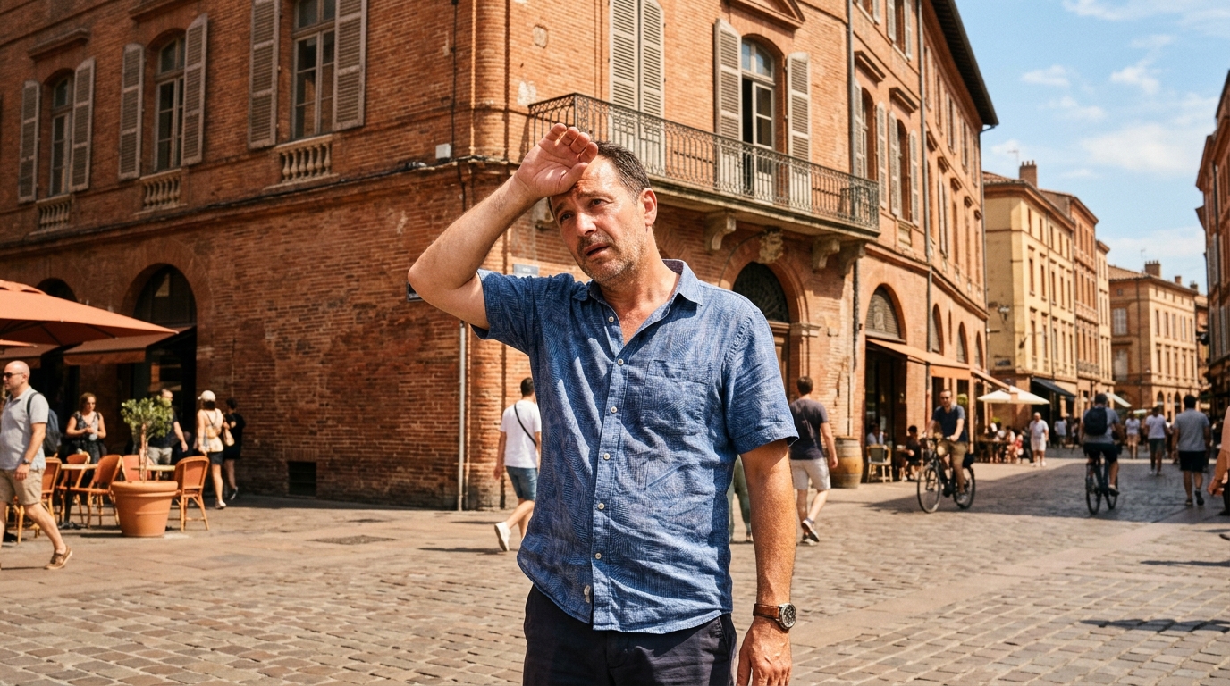 Homme épongeant la chaleur dans une rue de Toulouse