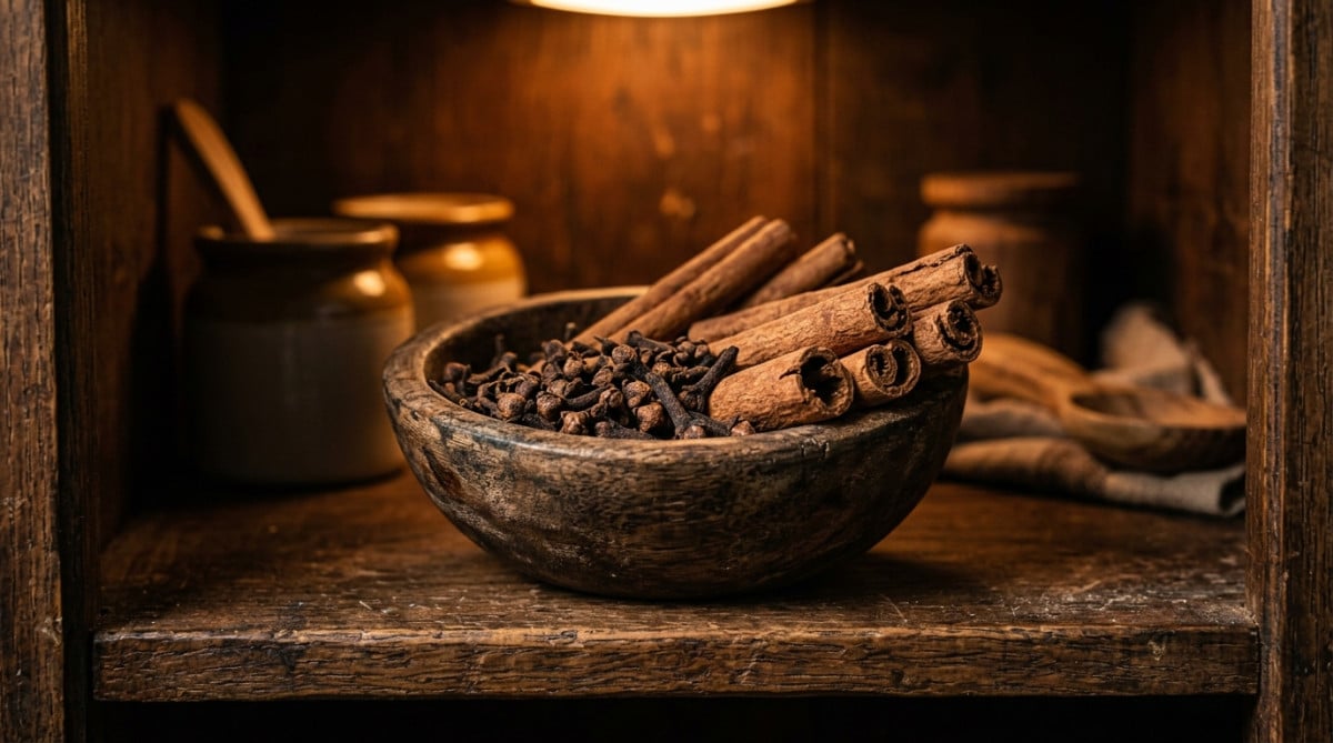 Cannelle et clous de girofle dans une coupelle en bois