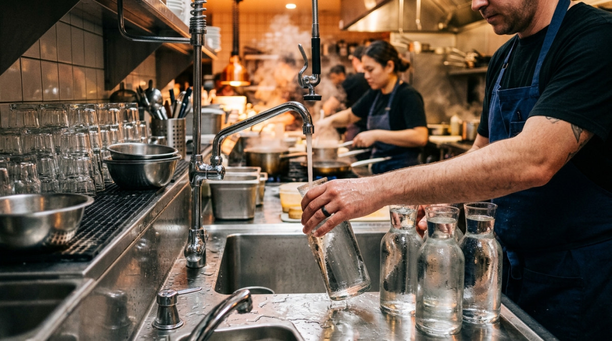 Carafes d'eau en verre épais remplies en cuisine
