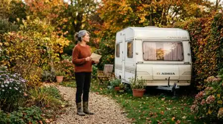 Femme regardant une caravane stationnée dans son jardin