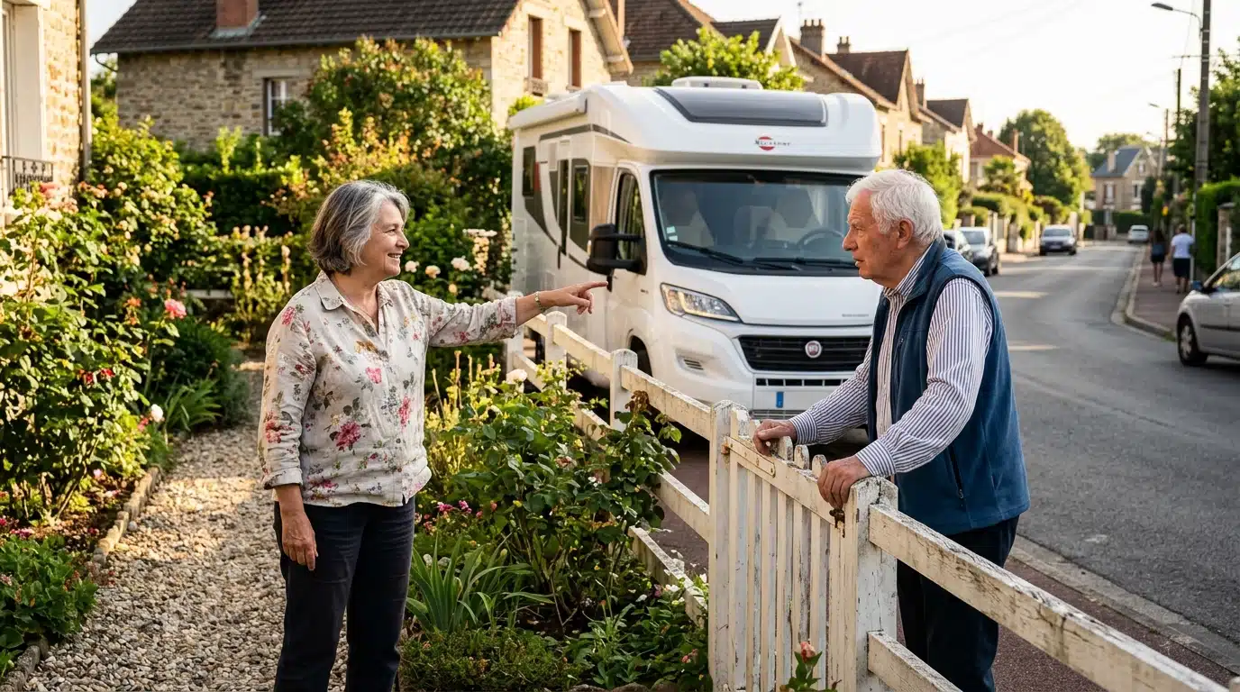 Voisins discutant devant un camping-car garé au jardin
