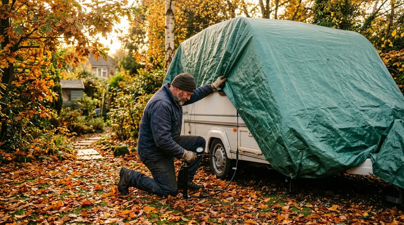 Homme bâchant une caravane pour l'hivernage