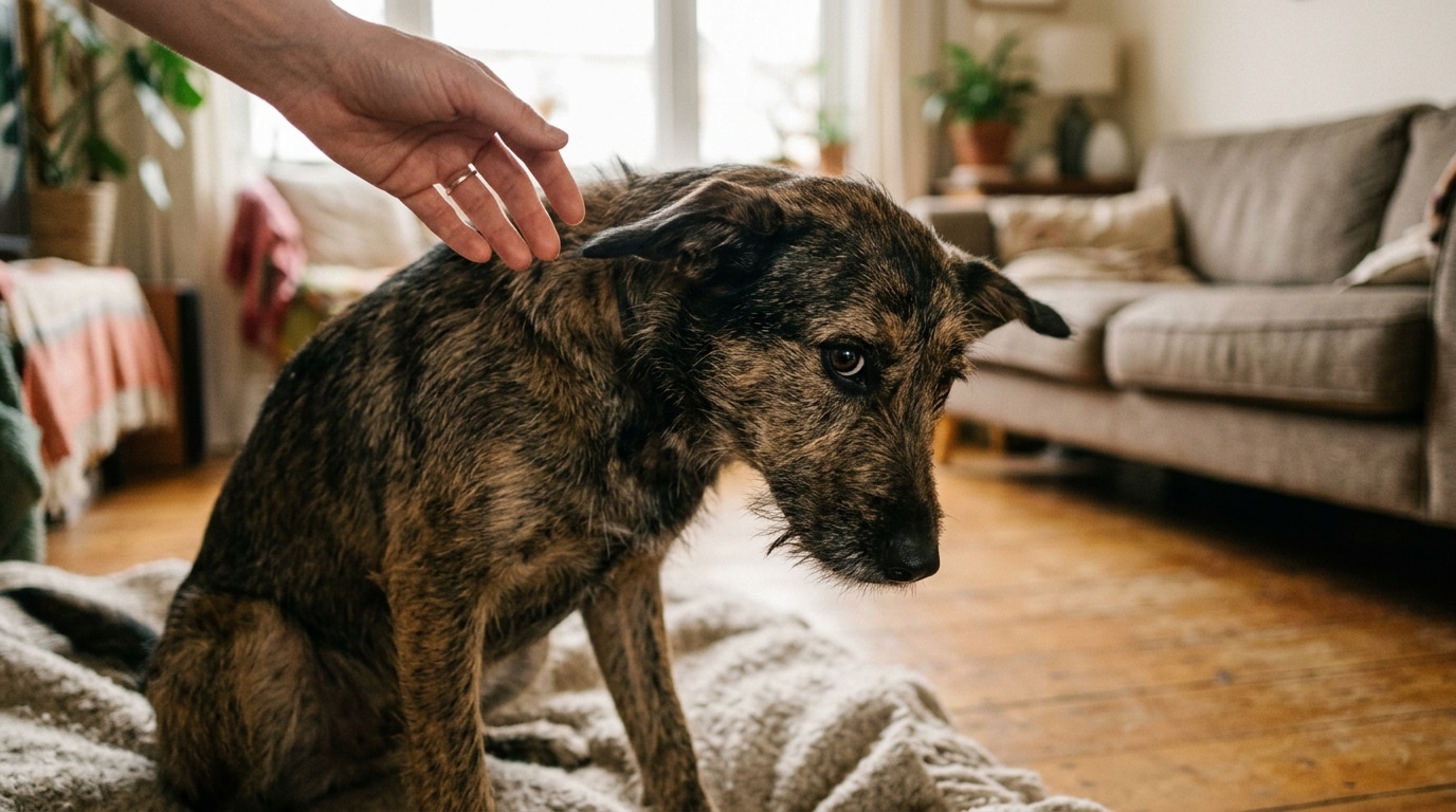 Chien inquiet reculant face à une main au-dessus de sa tête