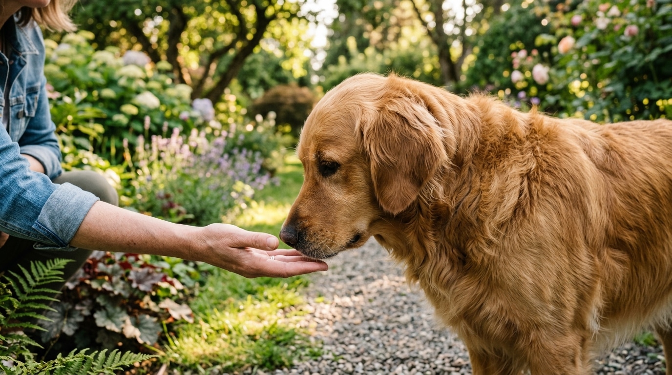 Main tendue paume ouverte devant le museau d'un chien