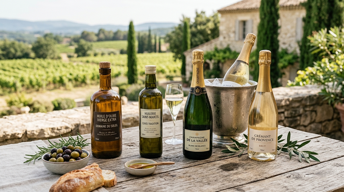 Flacons d'huile d'olive et de pétillant produits au domaine