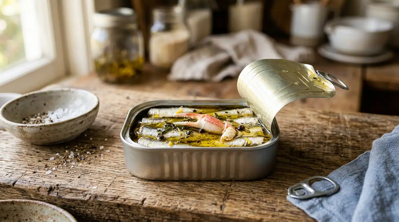 Boîte de sardines ouverte avec pince de crabe visible