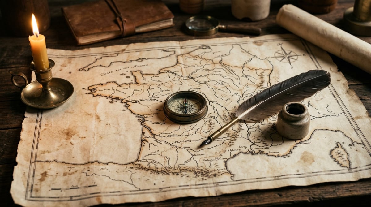 Carte ancienne de France sur parchemin avec boussole en laiton