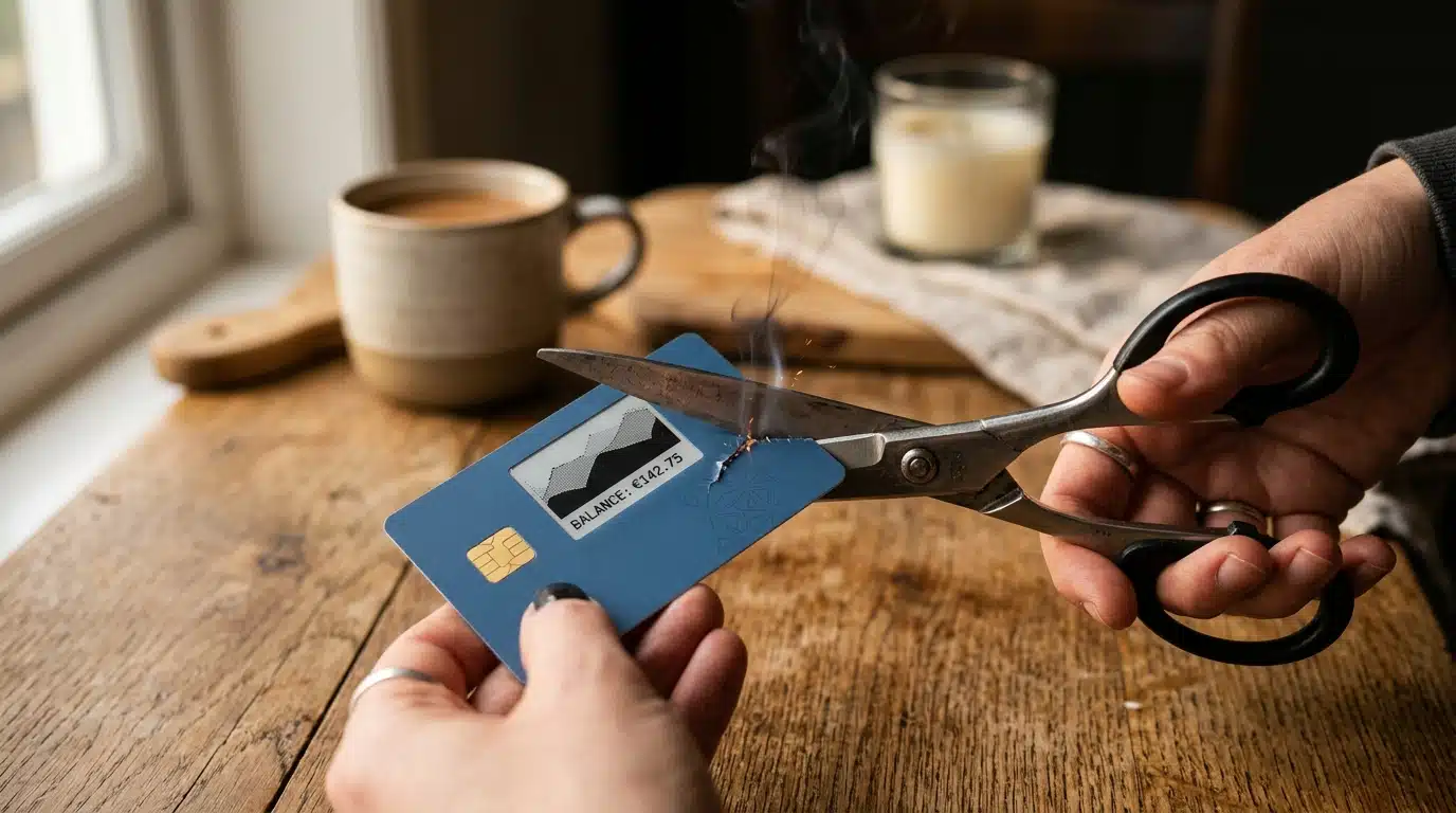 Ciseaux coupant une carte bancaire avec écran intégré