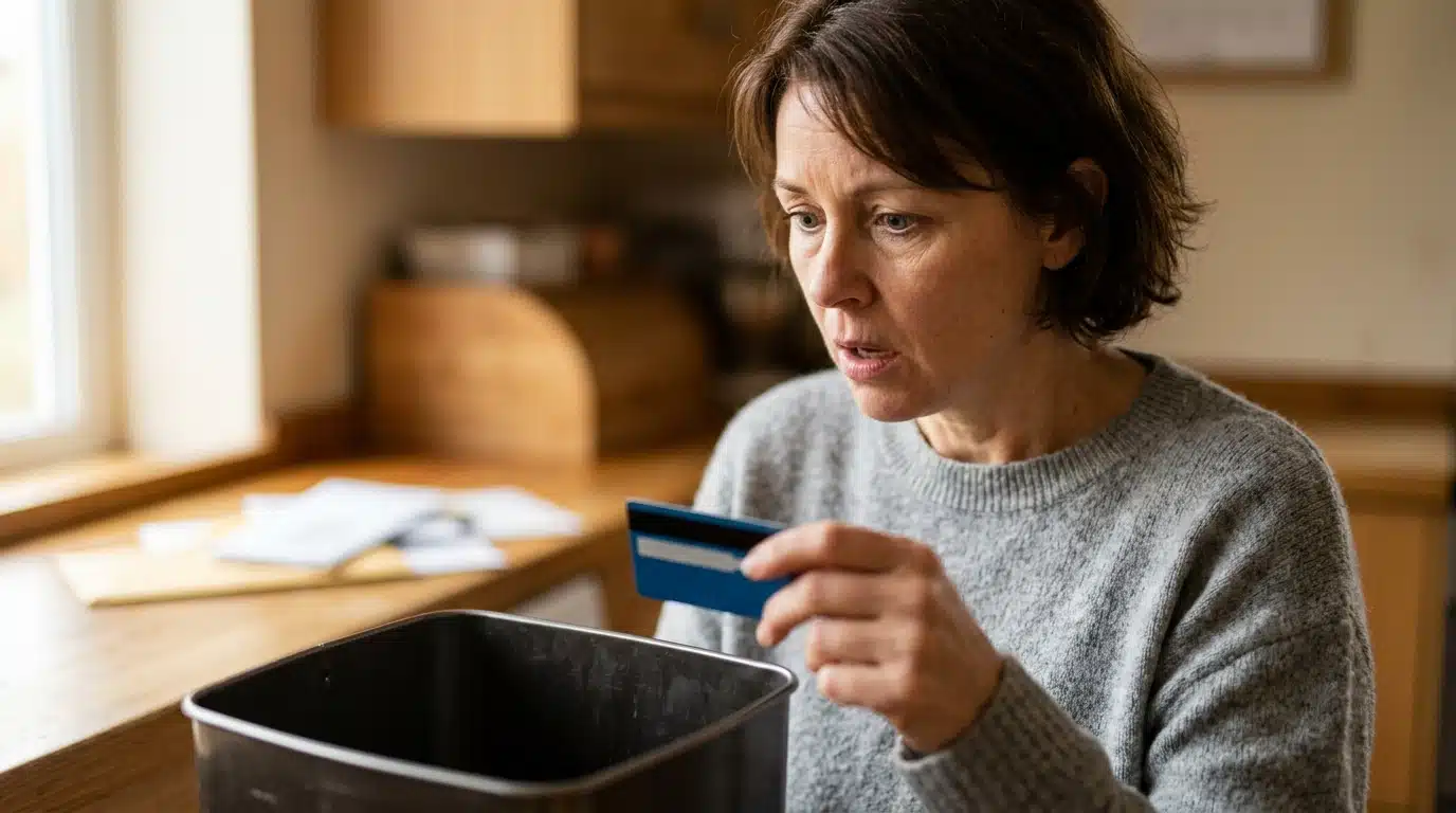 Personne surprise en tenant une carte bancaire usagée