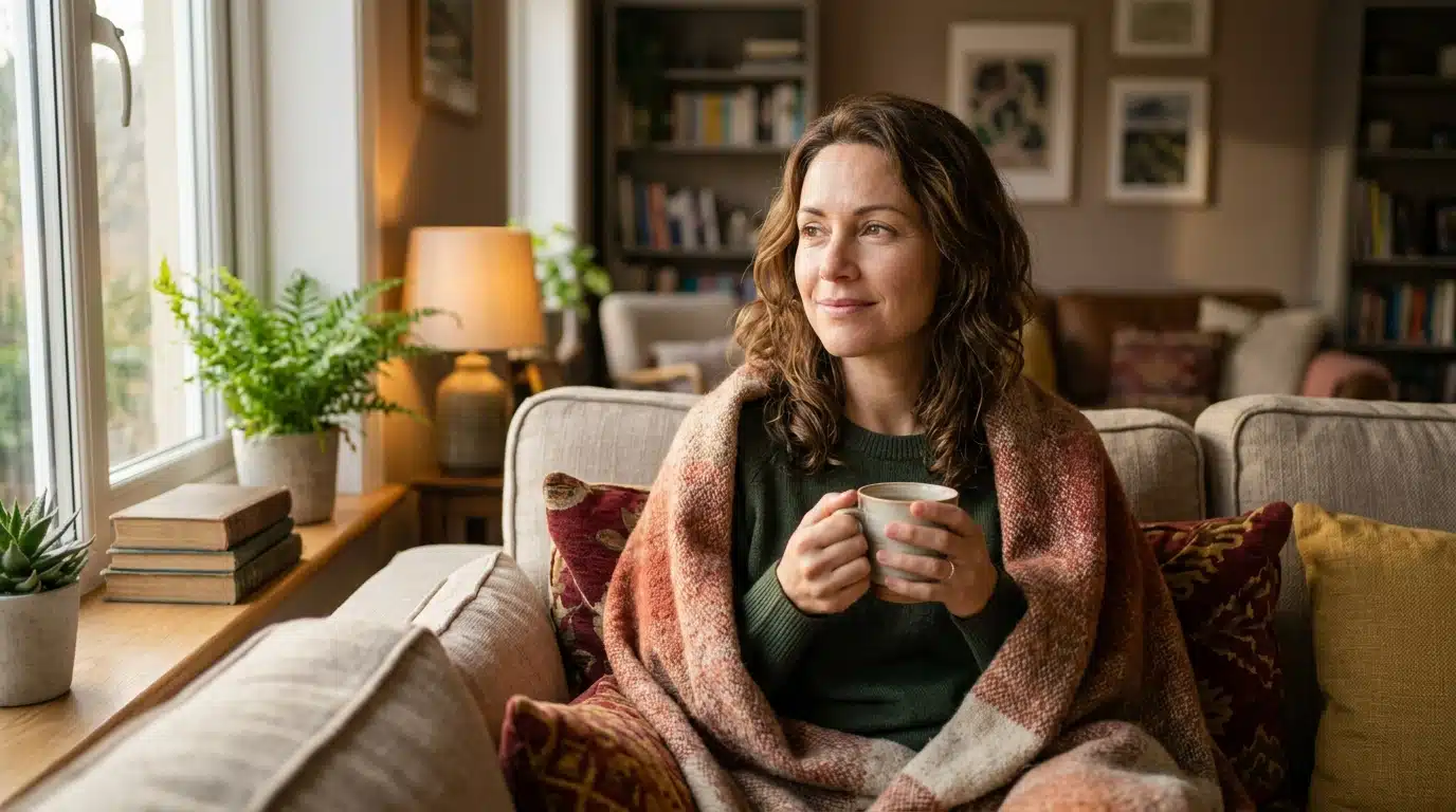 Femme souriante détendue chez elle sous plaid