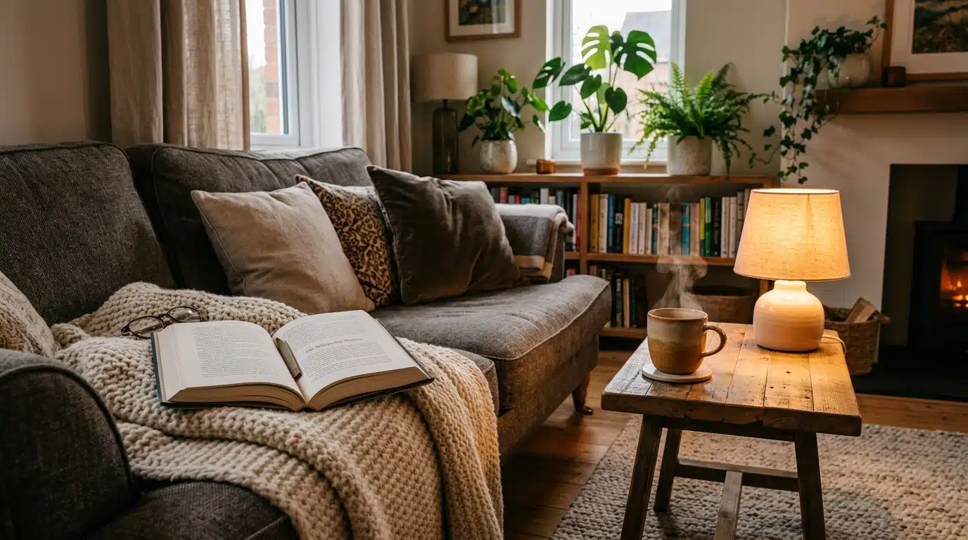 Salon cosy avec livre plaid et tasse fumante