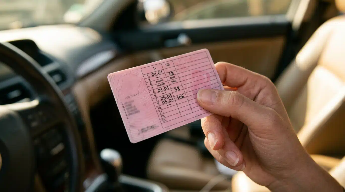 Permis de conduire rose tenu en main dans une voiture
