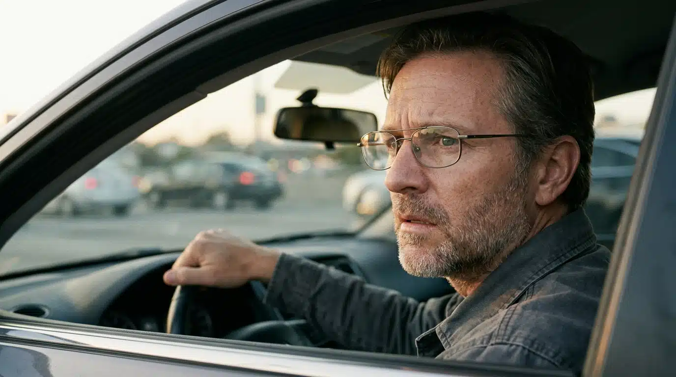 Conducteur portant des lunettes au volant, air inquiet