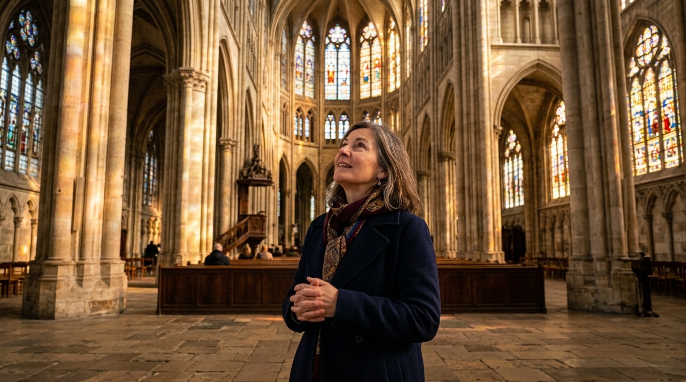 Visiteuse émerveillée dans une cathédrale française baignée de lumière