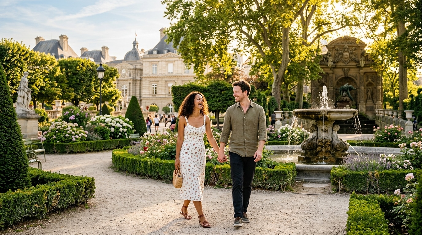 Couple se promenant dans un jardin historique gratuit