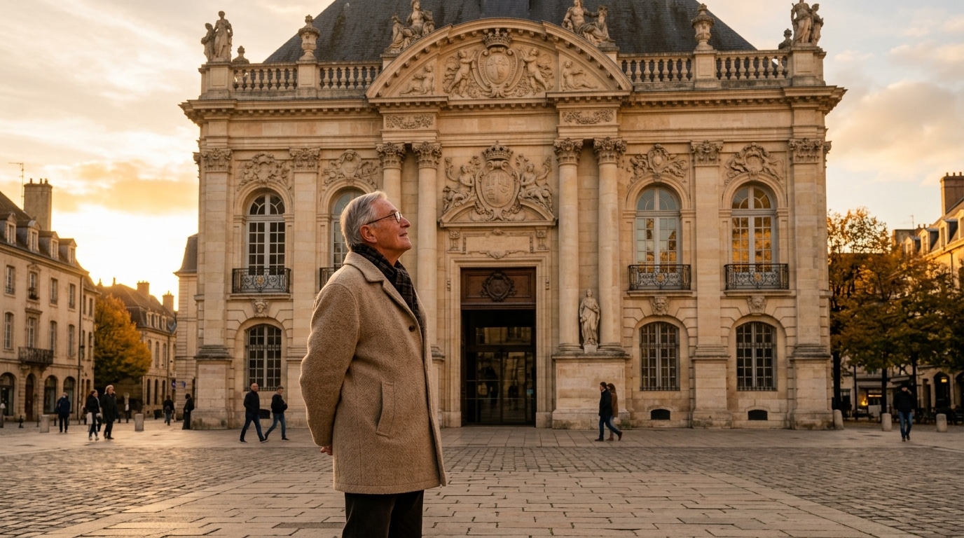 Homme senior admirant la façade d'un hôtel de région