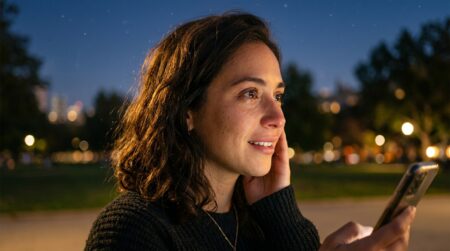 Visage souriant éclairé par une lumière chaude du soir
