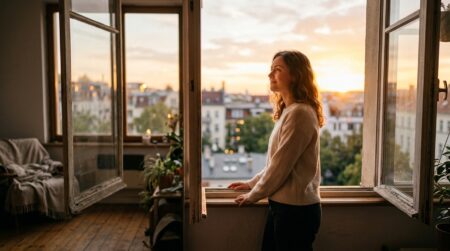 Femme souriante devant une fenêtre ouverte à l'aube