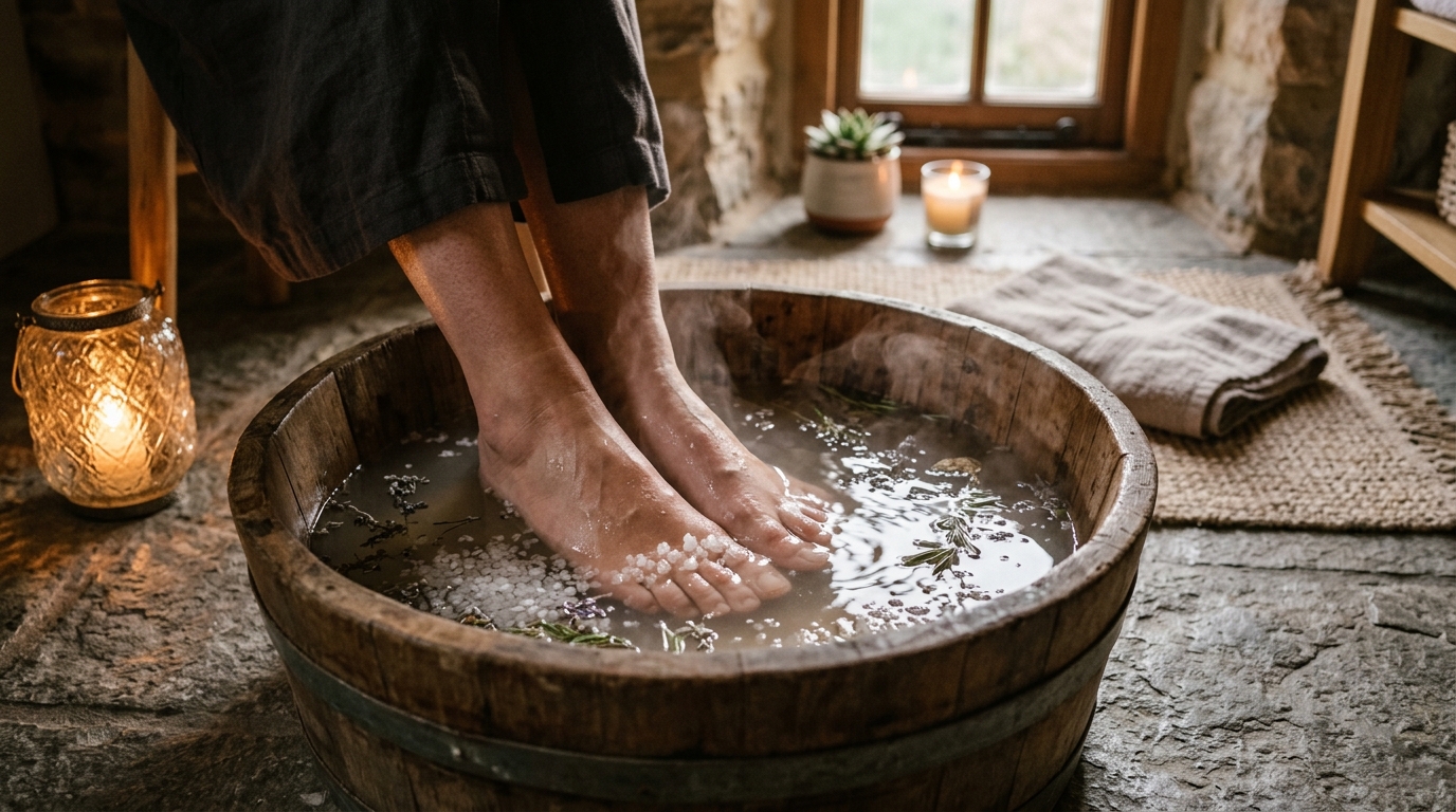 Pieds trempant dans une bassine d'eau salée