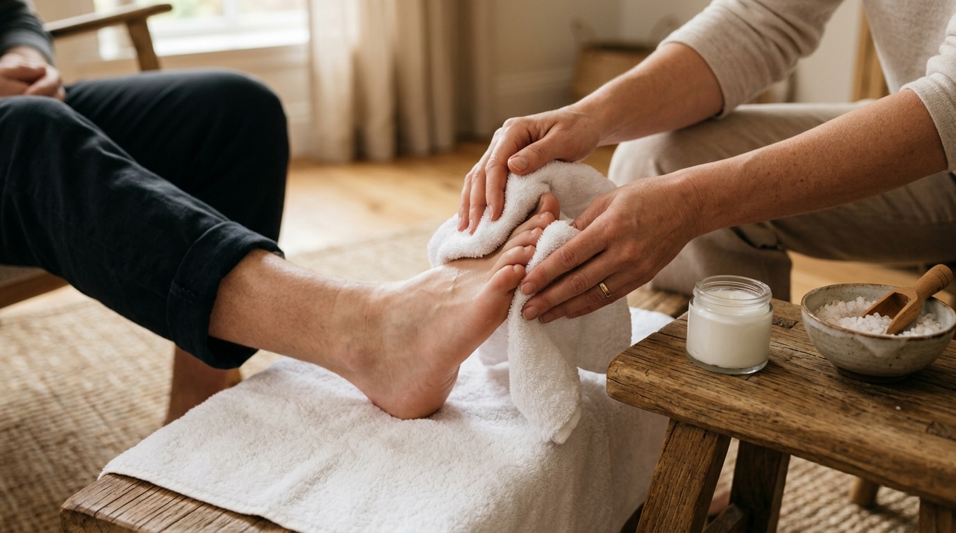 Mains séchant un pied avec une serviette
