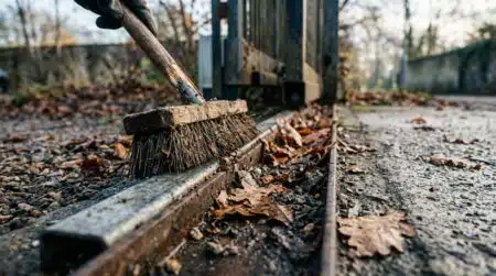 Balai étroit nettoyant le rail d'un portail coulissant