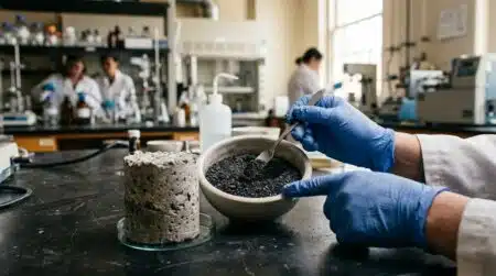 Poudre de biochar noire près d'un échantillon de béton