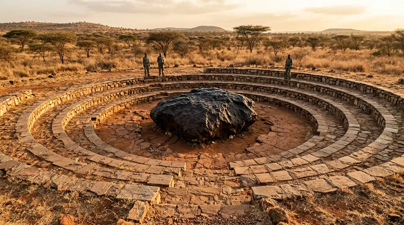 Météorite métallique géante posée dans la savane namibienne